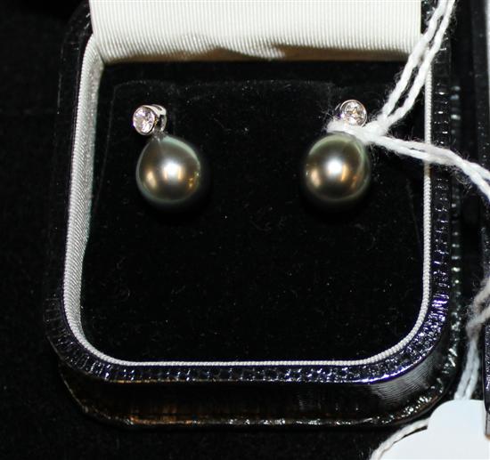 Pair 18ct white gold, diamond & cultured pearl stud earrings